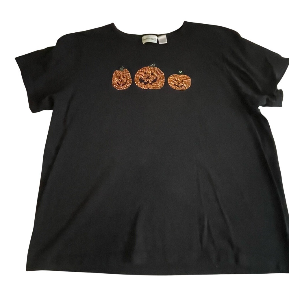 Fashion Bug Womens 2X Halloween Pumpkin Studded Graphic T-Shirt Black Plus Size